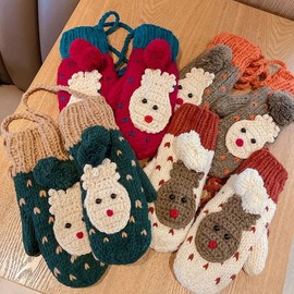 Women's Christmas Cartoon Pointed Winter Student Mittens sa_lf1566 One Size / M Love Khaki 4ea