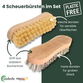 zederle Scrubbing Brushes with Ergonomic Beech Wood Handle (Pack of 4) Hard & Soft Bristles, Root Brushes for Perfect Cleaning, Cleaning Brush, Hand Scrubber, Plastic-Free Natural Product