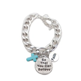 Women Silver Metal Charm Bracelet - Fashion Jewelry Faith Believe Turquoise Blue Cross
