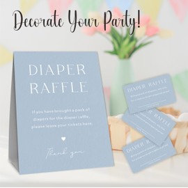 Minimalism Baby Shower Diaper Raffle Game Set, 1 Blue Standing Sign & 50 Diaper Raffle Tickets, Supplies & Decorations For Gender Reveal, Baby Announcement, Baby Shower - A05