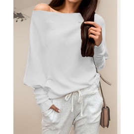 GOLDSTITCH Women's Off Shoulder Batwing Sleeve Loose Pullover Sweater Knit Jumper Oversized Tunics Top White