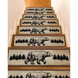 Stair Treads for Wooden Steps,Retro Pine Tree Bear Silhouette Non Slip Stair Carpet Indoor Stair Runner Staircase Step Treads,Black Animal Vintage Back Stair Mat 8x30in 15 Pcs