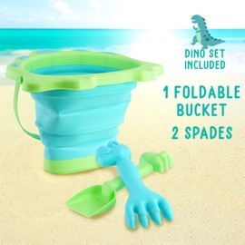 The Magic Toy Shop Pool Toys Play Sand Pit Kits Beach Bucket and Spade Set for Kids Blue Dinosaur Shaped Collapsible Foldable Plastic Bucket Outdoor