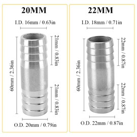 20 mm Straight Hose Fitting Made of Stainless Steel, 2-Way Hose Nozzle Connector, Drain Hose, Hose Connector (Pack of 2)