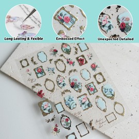 CESTSIREN Golden Frame Flower Nail Art Stickers, Embossed Nail Decals,Vintage Floral for Nail Art Design, Self-Adhesive, Nail Accessories for Women,Aesthetic Nail Art Supplies