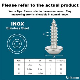 Drenky Self-Tapping Screws M3 x 14 mm, Pack of 50 Wood Screws Torx with Washer Stainless Steel A2 V2A Flat Head Screw Full Thread