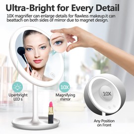 Makeup Mirror, Vanity Mirrors with LED Brightness Adjustment Function and 3 Light Colors, 10X Magnifying Mirror, Portable Home Bathroom Desktop Makeup Mirror(White)