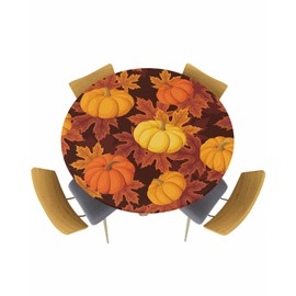 Fall Pumpkin Maple Leaves Round Table Cloth Fitted Tablecloth,Table Cover with Elastic Edge Waterproof Table Cloth,Thanksgiving Harvest Circle Table Covers for Kitchen Indoor Outdoor Picnic 36-44in