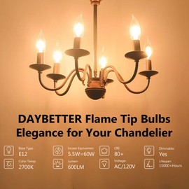 DAYBETTER 12 Pack Dimmable Candelabra Light Bulbs, Flame Tip Vintage LED Candle Bulbs, E12 Small Base, 60 Watt Equivalent, 2700K Soft Warm White, 5.5W 600LM, Clear Glass, for Chandelier Decorative