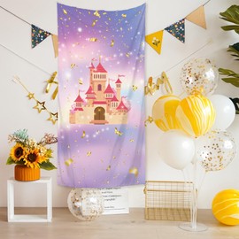 Princess Castle Birthday Banner Backdrop Colorful Royal Castle Theme Decor for Princess Girls Birthday Baby Shower Party Photography Photo Prop Decorations Supplies 35x72in