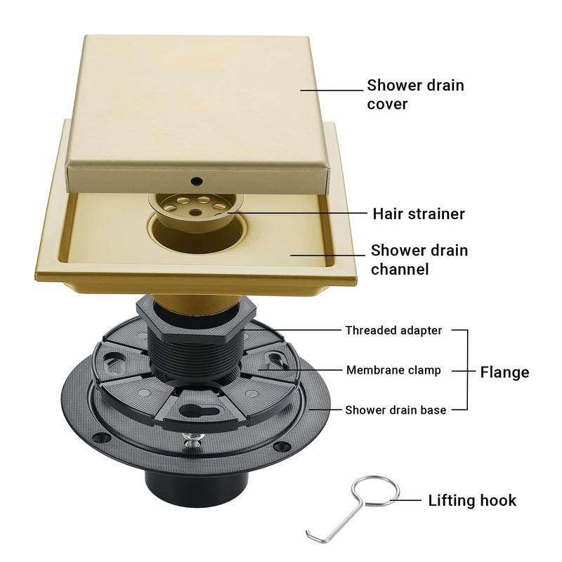 4 Inch Gold Shower Drain, SUS304 Stainless Steel Square Bathroom