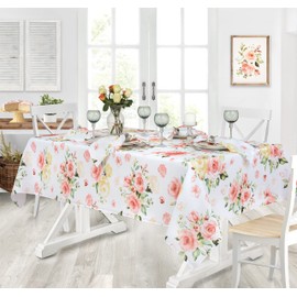 Newbridge Rectangle 60 x 102 Inch Fabric Tablecloth, Marie Yellow and Pink Rose Petal Summer Floral Stain and Wrinkle Resistant Tablecloth for Indoor and Outdoor Dining