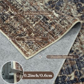 LIVEBOX Washable Rug 5x7, Soft Olive Green Rug for Bedroom, Vintage Floral Boho Rug for Living Room, Non-Slip Non-Shedding Ultra-Thin Area Rug Large Area Rug for Dining Room, Home Office, Olive Green