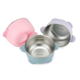 PandaEar - Juego de 3 cuencos de acero inoxidable con succión, antideslizante, con funda de silicona para niños pequeños, base extrafuerte, sin BPA