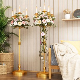 mopam Floor Candelabra 2 Pcs 50 Inch Gold Candlestick Holder 5 Arms Candle Holders Antique Candle Stand Centerpiece Decorative Candle Holder for Events, Party, Ceremony, Wedding Aisle, Home