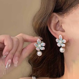 Cybche Boho Pearl Flower Earrings Pink Enamel Flower Stud Earrings Pearl Dangle Drop Earrings Vintage Pearl Earrings Blue Flower Earrings Jewellery For Women, Zinc