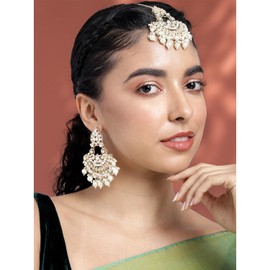 Aheli Gold Plated White Kundan Studded Dangle Earrings & Maangtikka Set Ethnic Fashion Jewellery Gift for Women