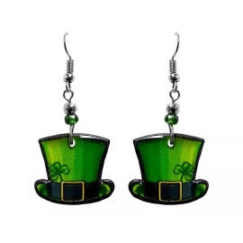 Mia Jewel Shop Green Clover Top Hat Graphic Dangle Earrings Saint Patrick's Day Irish Holiday