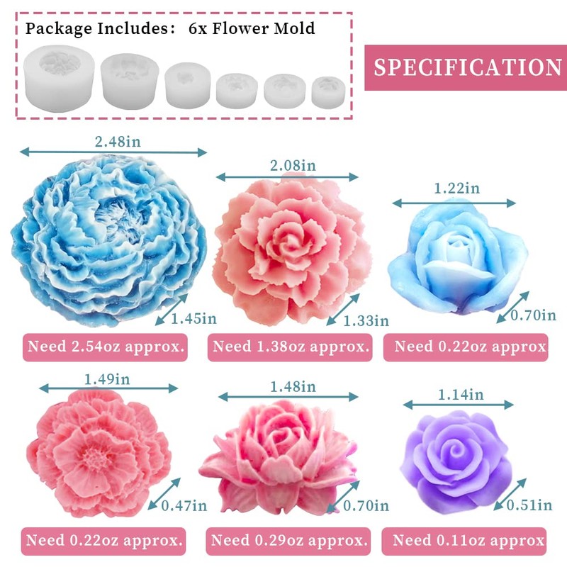 6PCS Flower Silicone Mold Set, 3D Bloom Rose Peony Fondant