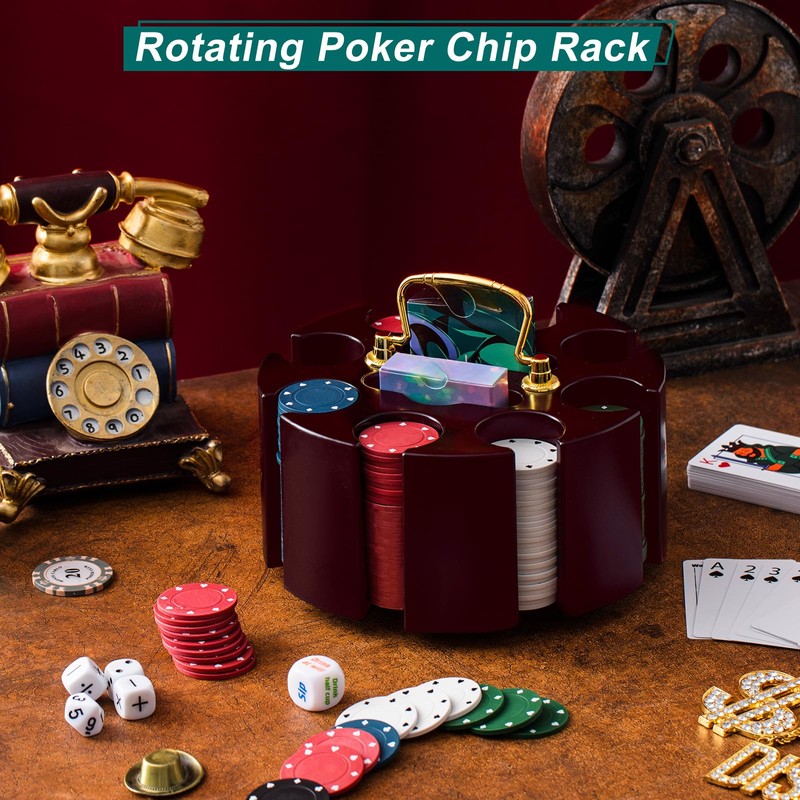 Wettarn 200 Count Poker Chip Set Rotating Carousel Wood Case
