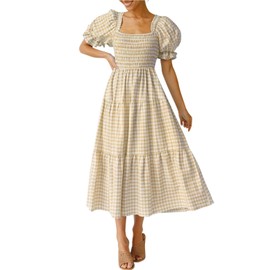 ZESICA Women's 2025 Bohemian Summer Plaid Square Neck Puff Sleeve Ruffle Flowy Beach Midi Dress,Beige,Large