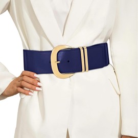 WHIPPY Women Wide Elastic Waist Belt for Dresses Fashion Gold Buckle Stretchy Leather Waistband for Ladies, Navy Blue, Fits Waist 33"-38"