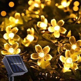 Guirnalda de Luces Solares de 30LED Flores Sakura de 6.5M, Cadena de Luz Led Solar Impermeable, 8 Modos Cadena de Luz Decorativas Exterior Para Patio Jardin Arbol Navidad Boda (Blanco Cálido)