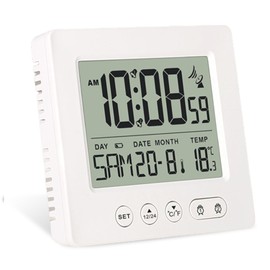 GOMETY Digital Radio Alarm Clock with Thermometer Calendar Light, Temperature Radio-Controlled Clock Week Date Display Two Independent Alarm Times Automatic Setting Summer / Winter Time Travel Alarm