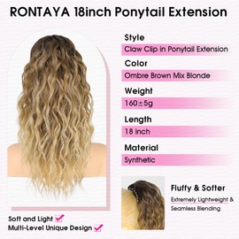 RONTAYA Claw Clip Ponytail, 18 Inch Ombre Brown Mix Blonde Ponytail Extension for Women, Multi Layered Fluffy Thick Wavy Jaw Clip in Fake Pony Tails Fake Hair Soft Synthetic Hairpiece