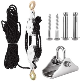 DAJAVE Rope Pulley Hoist System, 8:1 Lifting Power Pulley Block and Tackle System, 2200lbs Heavy Duty Rope Pulley Hoist, 65ft 4-Wheel Rope Pulley Hoist with Swing Hanger for Hunting Garage Warehouse