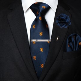 RBOCOTT Lion Navy Ties for Men Novelty Fun Patterns Necktie and Pocket Square Tie Clip Lapel Pin Set 4PCS(21)