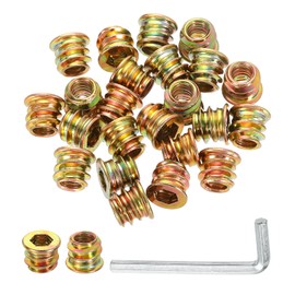 uxcell 100 Pcs Threaded Insert for Wood, 1/4" - 20 Carbon Steel Threaded Studs Hex Socket Drive Nut Inserts Screw in Nut Fastener Connector with Hex Wrench 10mm Length for Home, Gold