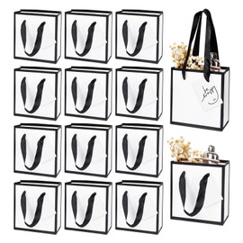 12 Pack 12× 10× 7 cm Mini Gift Bags with Handles Extra Small White Party Bags, Thank You Gift Bags for Birthday Wedding Party(White-Black)