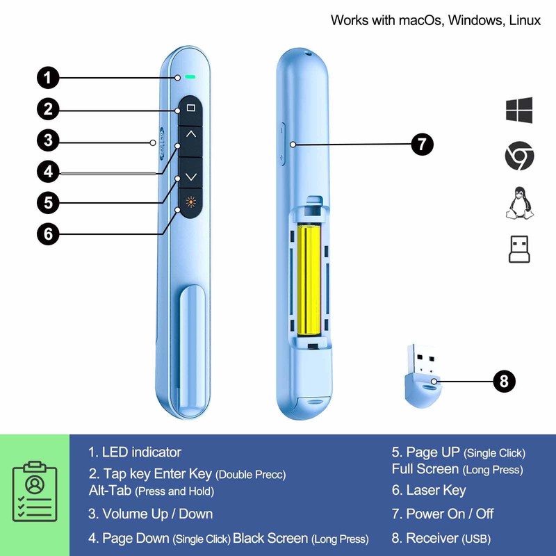 QUI Presentation Clicker, Hyperlink Volume Control Wireless Presenter,RF 2.4GHz USB