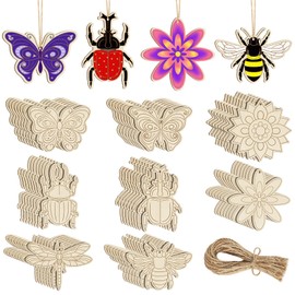 80PCS Wooden Spring Ornaments to Paint, 8 Styles DIY Blank Unfinished Wood Insect Cutouts Ornament for Crafts Hanging Decorations, Dragonfly Butterfly Flower Shape Home Decorations Gifts