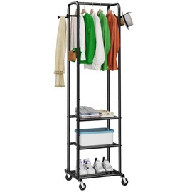 Ekisemio Clothing Garment Rack on Wheels, Rolling Small Clothes Rack for Hanging Hat, Coats, Skirts with 3 Tier Mesh Metal Storage Shelves and 4 Hooks, Black