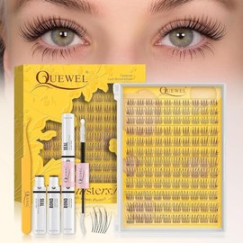 QUEWEL Pestañas Postizas Kit Completo, kit de pestañas postizas naturales  120 Pestañas Individuales Incluye Pegamento Sellador Pinzas y Aplicador... 