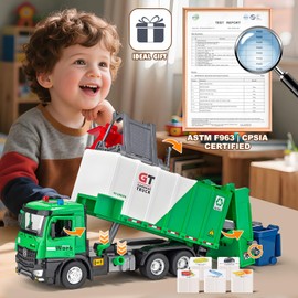 HAPYAD Side Loading Garbage Truck Toys Metal CAB, Trash Truck with Air-Pump Function, Lights & Sounds, Includes 4 Trash Bins, Learning Cards, Birthday Gift for Toddlers Kids 12"