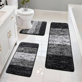Pauwer Bathroom Rugs Set 3 Piece Non Slip Washable, Microfiber Absorbent Bath Mat Floor Carpet Extra Soft, Quick Dry Shower Rug U-Shaped Contour Toilet Mats, Black