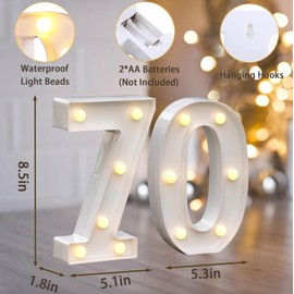 Warm White LED Light Up Number 70, 70th Birthday Decor for Her Him,Table Centerpieces & Backdrop Wall Décor,Lighted Marquee Sign for 70th Wedding Anniversary Décor
