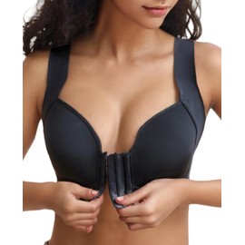 CAHL&FAUO Women's Front Closure Posture Bra Full Coverage Back Support Everyday Wireless Comfy Padded Cup Black 38B