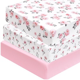 PHF 3 Pack Soft Rose Floral Crib Sheets Fitted, Silky Comfy Breathable Baby Sheets for Boys Girls, 28x52 Inches Fits Standard Crib and Toddler Mattresses, Pink Floral