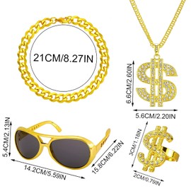 DOKLY 4Pcs Hip Hop Constume Kit, Dollar Sign Necklace Rings Bracelet Disco Necklace Sunglasses 60s 70s 80s 90s Hip Hop Accessories Party Supplies