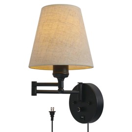 Affsure Bedside Wall Mount Light with Dimmable Switch and USB Port, Black Wall Sconce Light with Swing Arm and Plug in Cord, Fabric Shade Wall Lamp Perfect for Bedroom, Living Room and Hotel