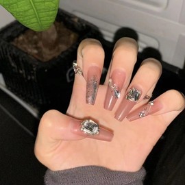 Nail Apparel Hand Made Long Ballet Press on Nails-Luxury UV Finish Manicure 10Pcs, Various Size (Small (Pack of 10), NudePink Rhinestone Gold Foil)