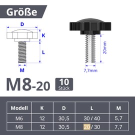 ORTAVA Pack of 10 Star Grip Screws, Screws with Handle M8 x 20 mm, Knurled Screw, Star Head Screw, Star Grip Nut, Clamping Knob for Machine Tools, Machine (Black)