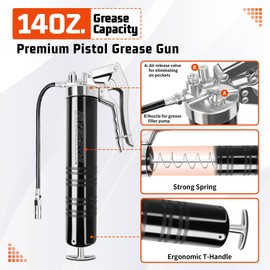 FIXSMITH Grease Gun, 8000 PSI Heavy Duty Pistol Grip Grease Gun Kit, Includes 12" Reinforced Flexible Hose & 6.6" Rigid Extension, 3-Way Loading, 14 OZ or 400 CC Cartridge