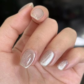 SXVME Cat Eye Press on Nails Short, 30 Pcs Acrylic Press on Nails Coffin Shape, Sparkly Glitter Milky White Fake Nails Press on Short, Reusable Bling Soft Gel Glue on Nail for Women Gift