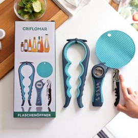 4 in 1 Jar Opener Set - Non-Slip Handle, Easy Open for Seniors & Arthritis - For Jars, Cans, Wine & Beverage Bottles - Ergonomic Kitchen Aid