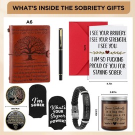 AmazingSpark 7 Pcs Sobriety Gifts Set for Men Women Include AA Sobriety Coin Black Braided Leather Bracelet Scented Candle Leather Journal Notebook with Pen, Socks, Card for Sober Milestone